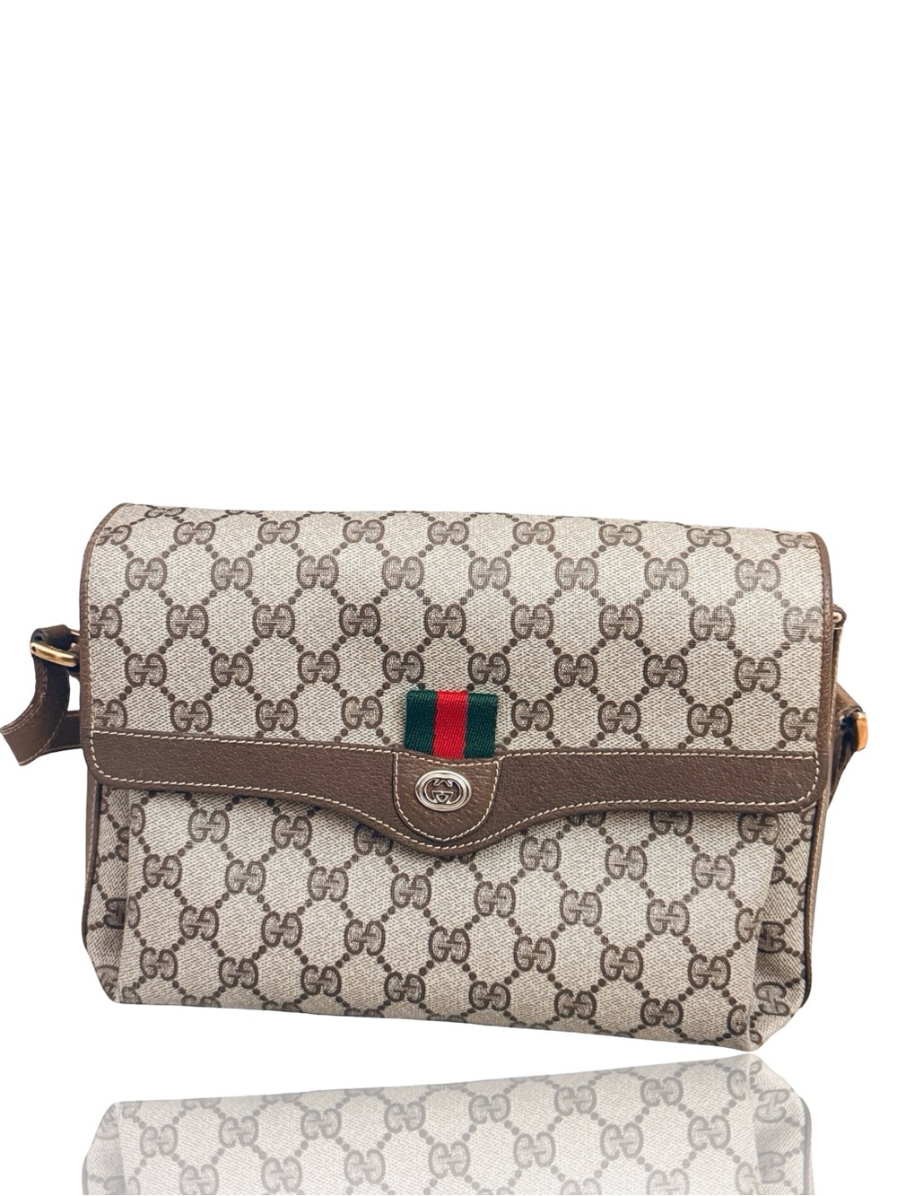 Gucci Beige/Brown Monogram Shoulder Bag with Green-Red Web